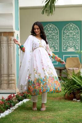 White Digital Printed Georgette Fabric Anarkali Kurta Pant and Dupatta Set 2