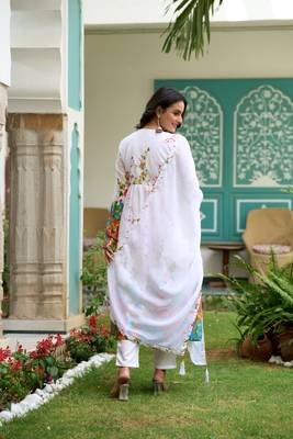 White Digital Printed Georgette Fabric Anarkali Kurta Pant and Dupatta Set 3