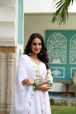 White Digital Printed Georgette Fabric Anarkali Kurta Pant and Dupatta Set 5