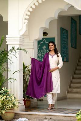 Off White Rayon Slub Fabric Embroidered work Straight Cut Kurta Pant and Dupatta Set 1