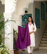 Off White Rayon Slub Fabric Embroidered work Straight Cut Kurta Pant and Dupatta Set