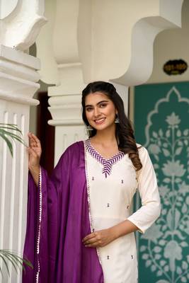 Off White Rayon Slub Fabric Embroidered work Straight Cut Kurta Pant and Dupatta Set 2