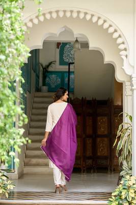 Off White Rayon Slub Fabric Embroidered work Straight Cut Kurta Pant and Dupatta Set 3