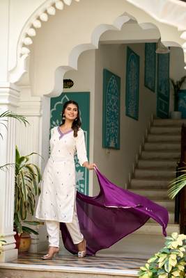Off White Rayon Slub Fabric Embroidered work Straight Cut Kurta Pant and Dupatta Set 4