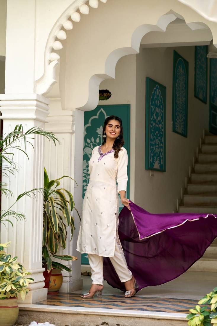Off White Rayon Slub Fabric Embroidered work Straight Cut Kurta Pant and Dupatta Set