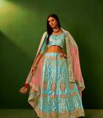 Blue Embrodeired Sattin Silk Lehenga With Blouse 
