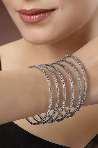 Women set of 12 silver-toned german silver oxidised bangles