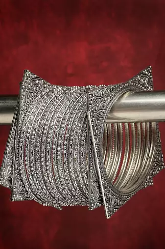 Women set of 16 silver-toned german silver oxidised bangles