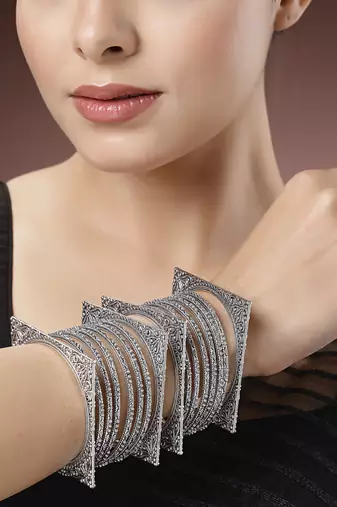 Women set of 16 silver-toned german silver oxidised bangles