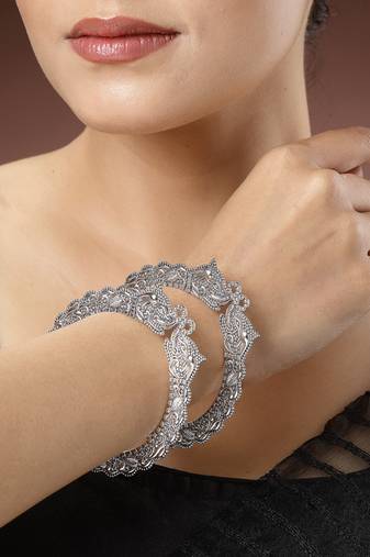 Women set of 2  silver-toned german silve oxidised elephant design handcrafted bangles