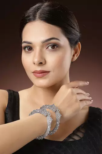 Women set of 2  silver-toned german silve oxidised elephant design handcrafted bangles