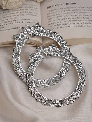 Women set of 2  silver-toned german silve oxidised elephant design handcrafted bangles 3