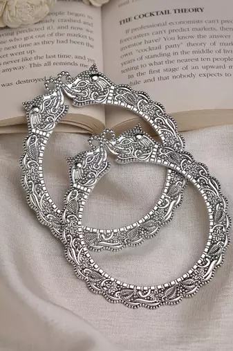 Women set of 2  silver-toned german silve oxidised elephant design handcrafted bangles