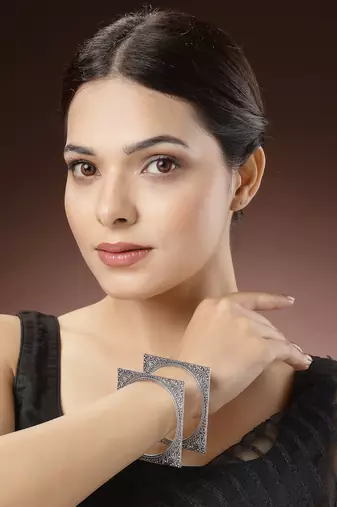 Women set of 2 silver-toned oxidized square shaped bangles