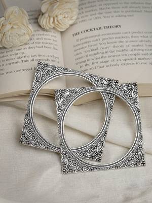 Women set of 2 silver-toned oxidized square shaped bangles 3