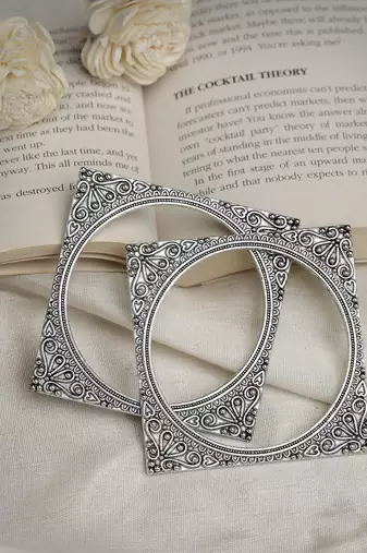 Women set of 2 silver-toned oxidized square shaped bangles