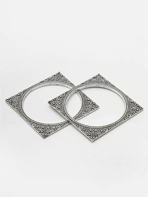 Women set of 2 silver-toned oxidized square shaped bangles 4