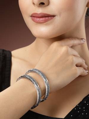 Women silver-toned german silver peacock design oxidised kada bangle 1
