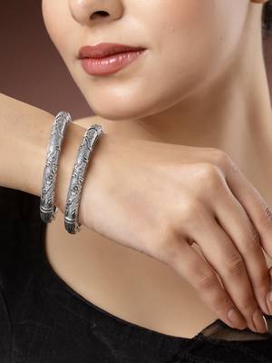 Women set of 2 silver-toned german silver floral oxidised kada bangle 1