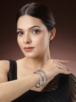 Women set of 2 silver-toned german silver floral oxidised kada bangle 2