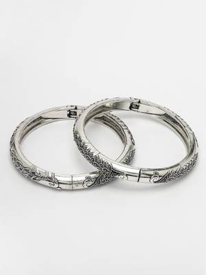 Women silver-toned german silver peacock design oxidised kada bangle 4