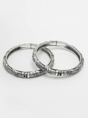 Women set of 2 silver-toned german silver floral oxidised kada bangle 5