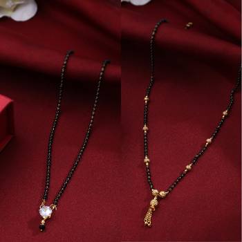Women's set of 2 black gold-plated beaded mangalsutra with ad stone 1