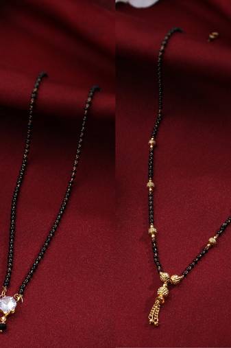 Women's set of 2 black gold-plated beaded mangalsutra with ad stone