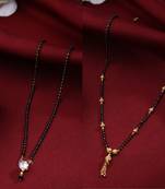 Women's set of 2 black gold-plated beaded mangalsutra with ad stone