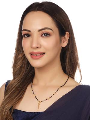 Women's set of 2 black gold-plated beaded mangalsutra with ad stone 2