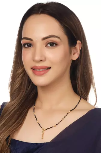 Women's set of 2 black gold-plated beaded mangalsutra with ad stone