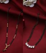 Women's set of 2 black gold-plated beaded mangalsutra with ad stone