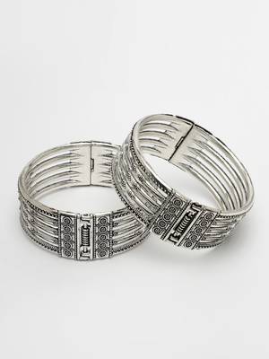 Women set of 2 silver-toned german silver oxidised kada bangle 4