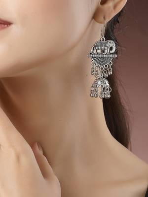 Women silver-toned elephant design german silver oxidised dome shaped jhumka earrings 1