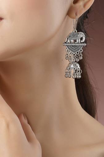 Women silver-toned elephant design german silver oxidised dome shaped jhumka earrings
