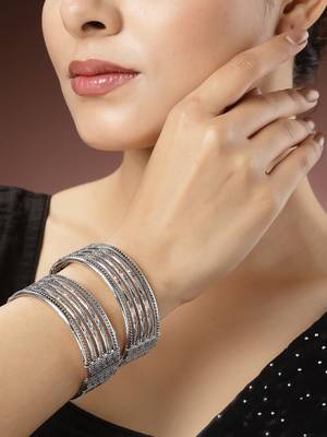 Women silver-toned german silver oxidised kada bangle 1
