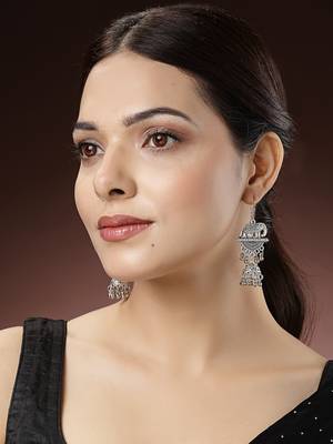 Women silver-toned elephant design german silver oxidised dome shaped jhumka earrings 2