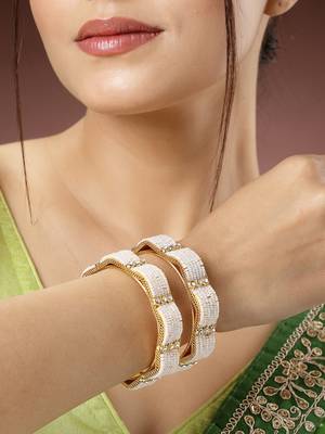 Women set of 2 gold-plated pearl handcrafted traditional bangles 3