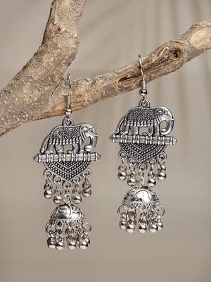 Women silver-toned elephant design german silver oxidised dome shaped jhumka earrings 3