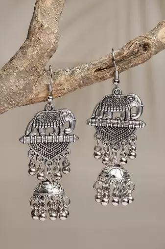 Women silver-toned elephant design german silver oxidised dome shaped jhumka earrings