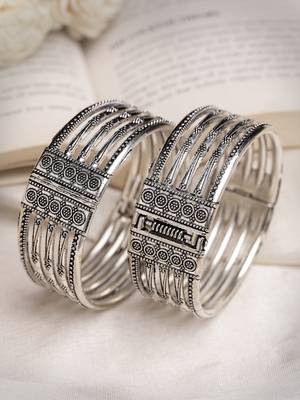 Women silver-toned german silver oxidised kada bangle 3