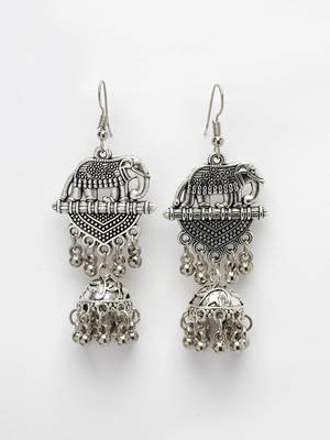 Women silver-toned elephant design german silver oxidised dome shaped jhumka earrings 4
