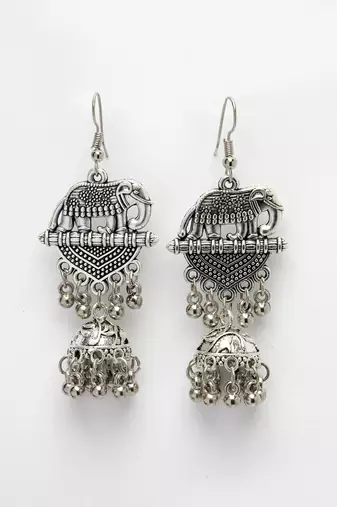 Women silver-toned elephant design german silver oxidised dome shaped jhumka earrings
