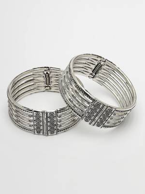 Women silver-toned german silver oxidised kada bangle 5