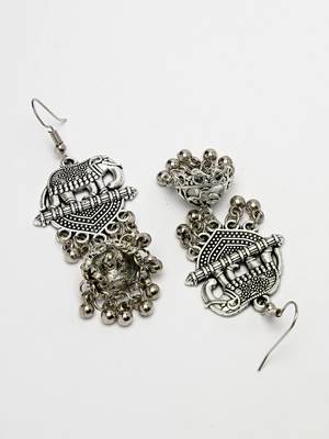 Women silver-toned elephant design german silver oxidised dome shaped jhumka earrings 5