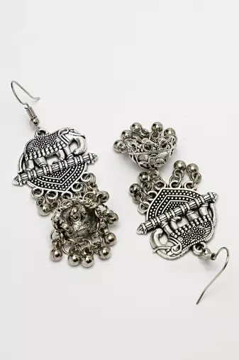 Women silver-toned elephant design german silver oxidised dome shaped jhumka earrings