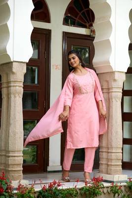 Pink Rayon Slub Embroidered work Straight cut Kurta Pant and Dupatta Set 1
