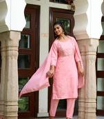 Pink Rayon Slub Fabric Embroidered work Straight cut Kurta, Pant and Dupatta Set