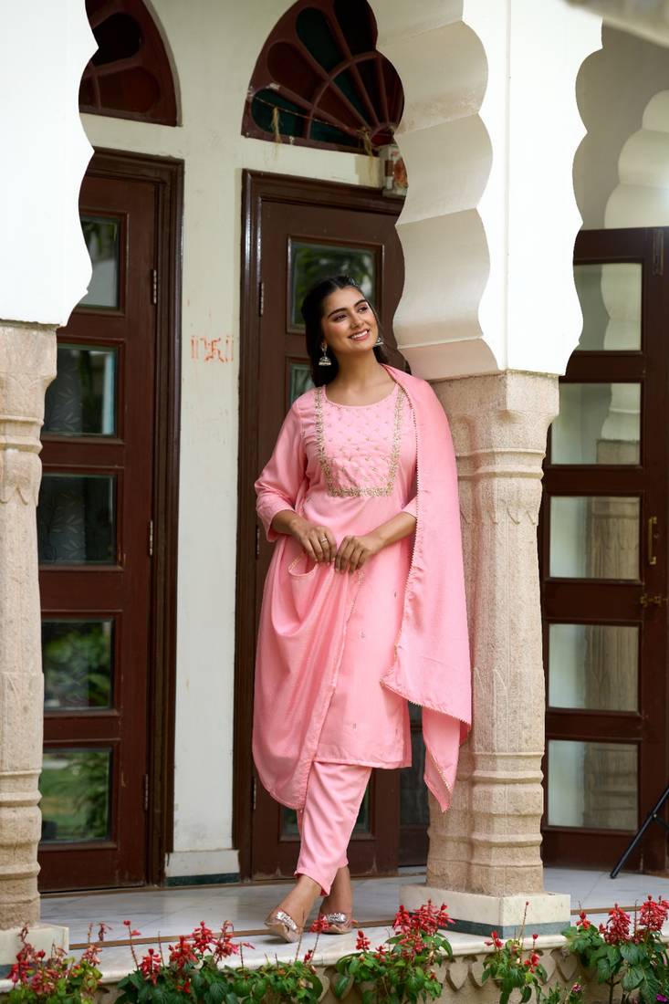 Pink Rayon Slub Fabric Embroidered work Straight cut Kurta, Pant and Dupatta Set