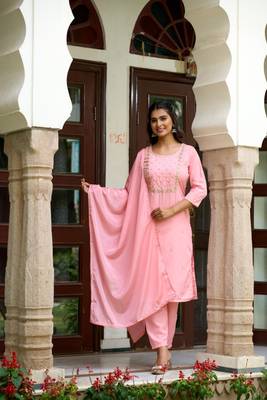 Pink Rayon Slub Embroidered work Straight cut Kurta Pant and Dupatta Set 3